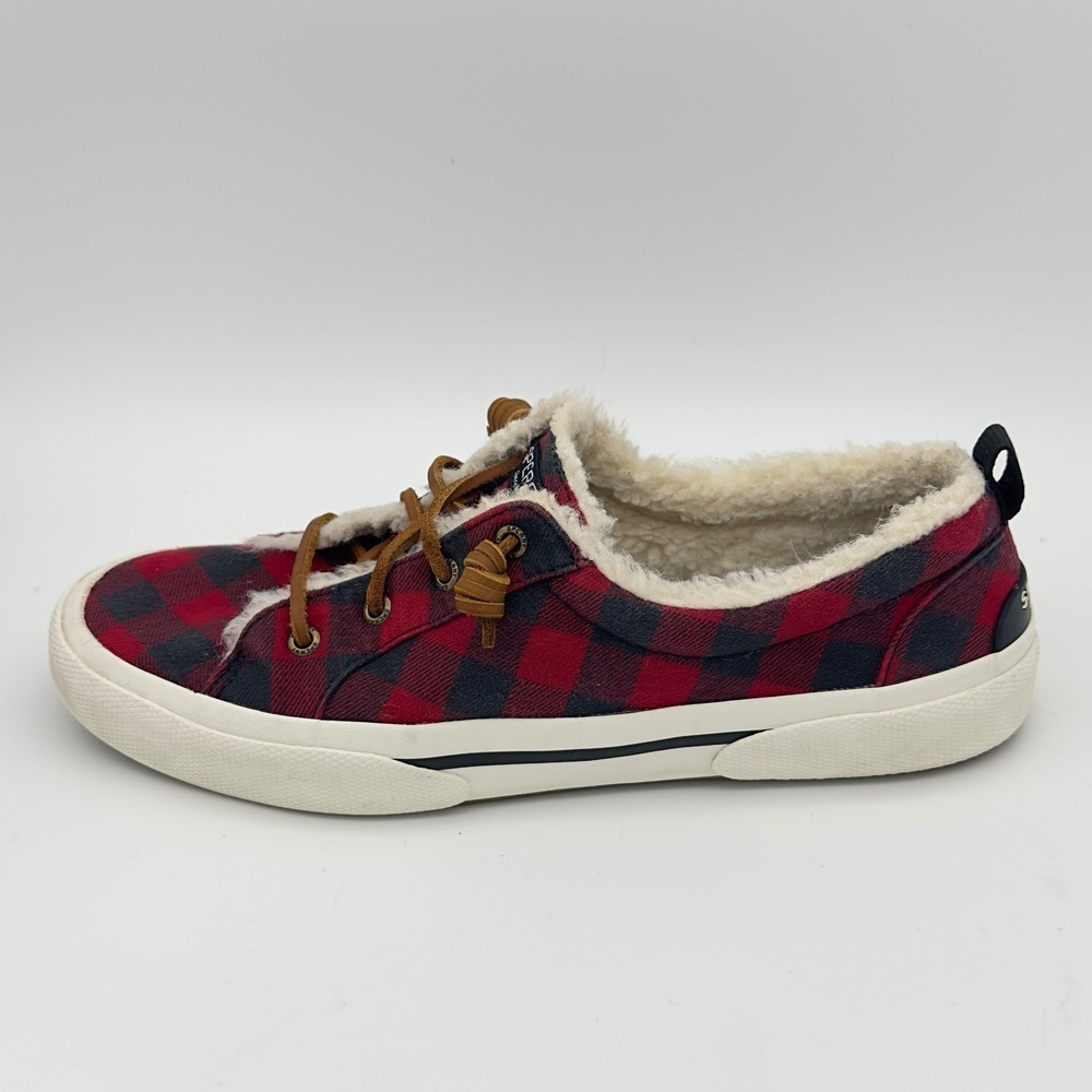 Sperry Red Black Plaid Check Shearling Lined Sneakers W‎ 9.5 Camp Cottage Forest - Picture 5 of 10